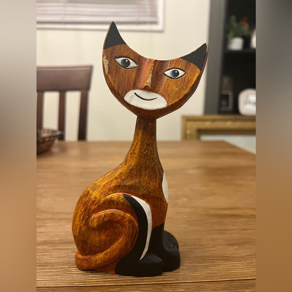 Vintage Mid-Century Modern Cat European-Style Hand Painted Wood Figurine 6.75"